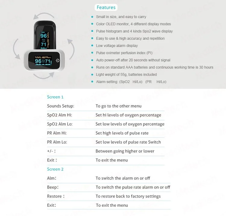 Fingertip SpO2 Monitor Ith Alarm and Setting